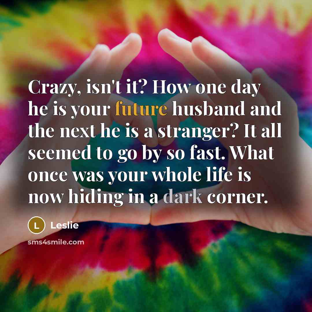 “Crazy, isn't it? How one day he is your future husband and the next he is a stranger? It all seemed to go by so fast. What once was your whole life is now hiding in a dark corner.” quote by Leslie