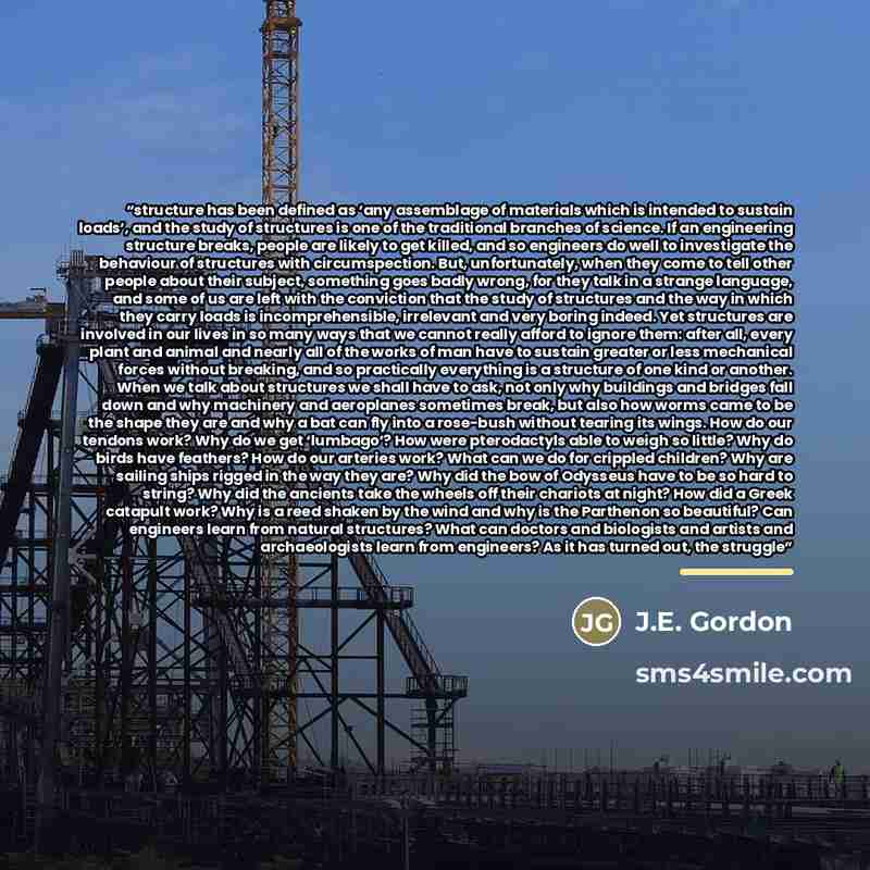 “structure has been defined as ‘any assemblage of materials which is intended to sustain loads’, and the study of structures is one of the traditional branches of science. If an engineering structure breaks, people are likely to get killed, and so engineers do well to investigate the behaviour of…” quote by Anonymous