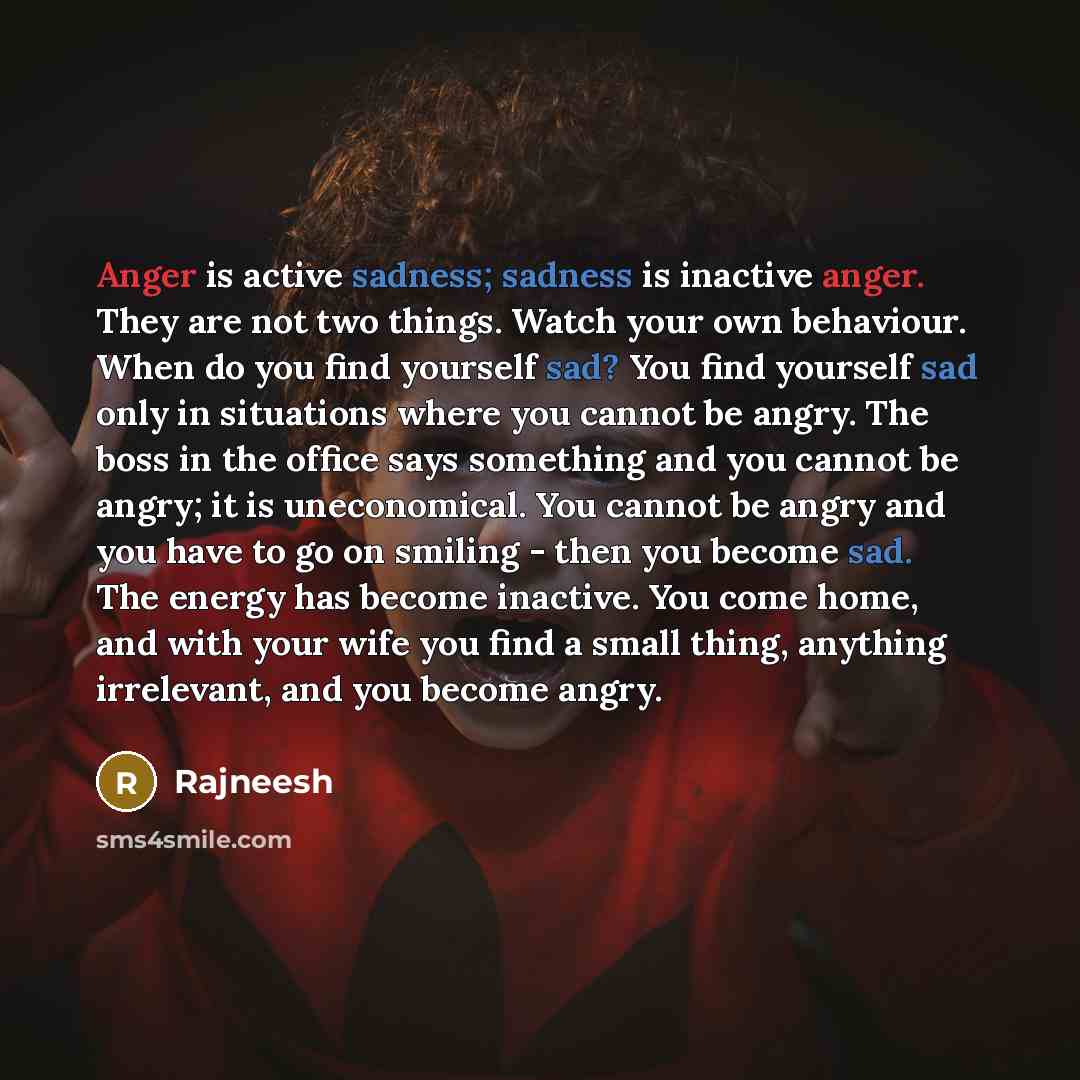 “Anger is active sadness; sadness is inactive anger. They are not two things. Watch your own behaviour. When do you find yourself sad? You find yourself sad only in situations where you cannot be angry. The boss in the office says something and you cannot be angry; it is uneconomical. You cannot be…” quote by Rajneesh