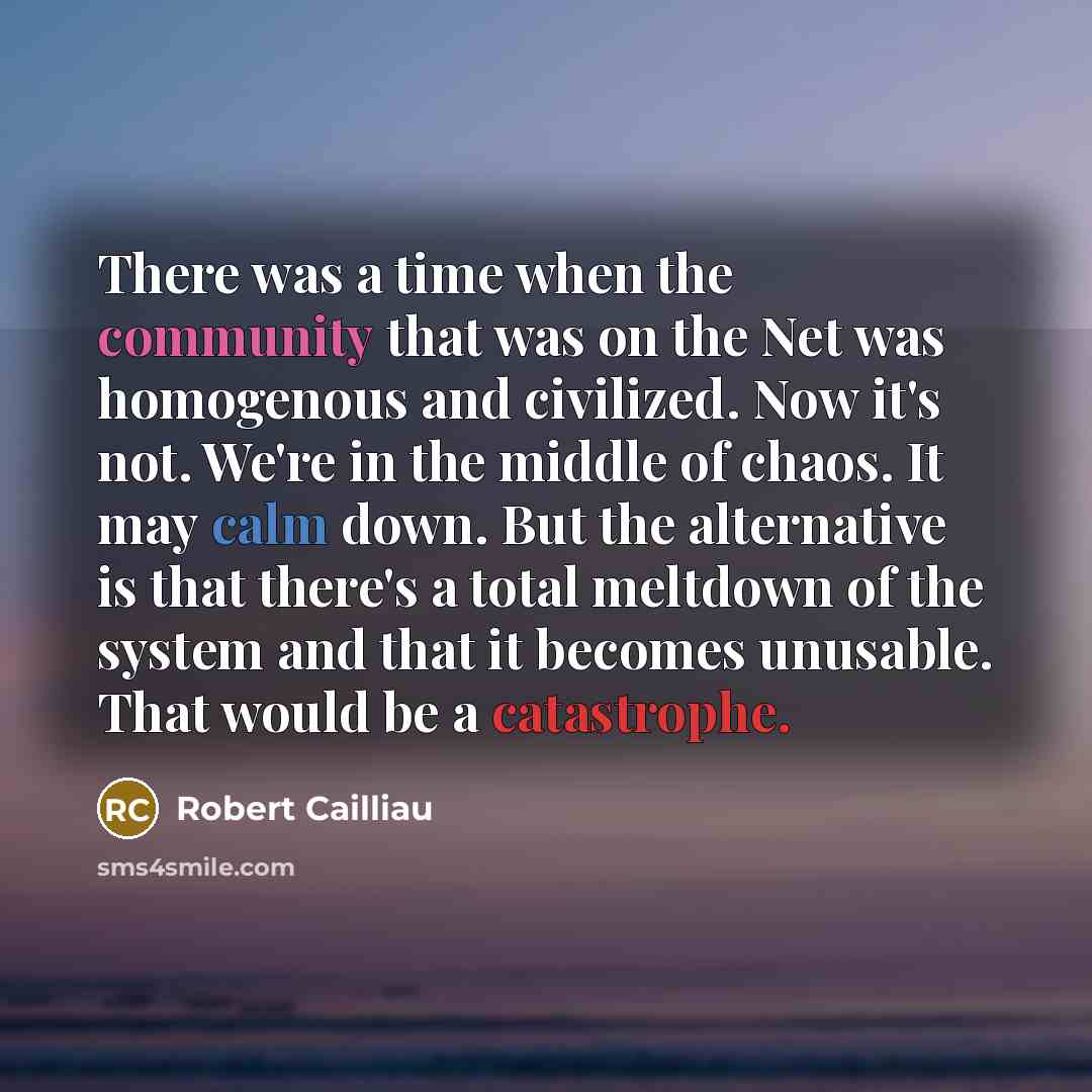 “There was a time when the community that was on the Net was homogenous and civilized. Now it's not. We're in the middle of chaos. It may calm down. But the alternative is that there's a total meltdown of the system and that it becomes unusable. That would be a catastrophe.” quote by Robert Cailliau