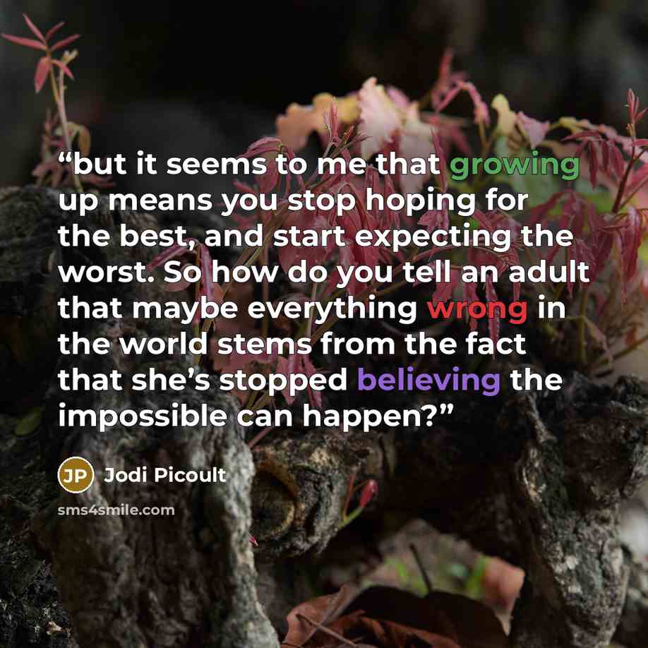 “but it seems to me that growing up means you stop hoping for the best, and start expecting the worst. So how do you tell an adult that maybe everything wrong in the world stems from the fact that she’s stopped believing the impossible can happen?” quote by Jodi Picoult