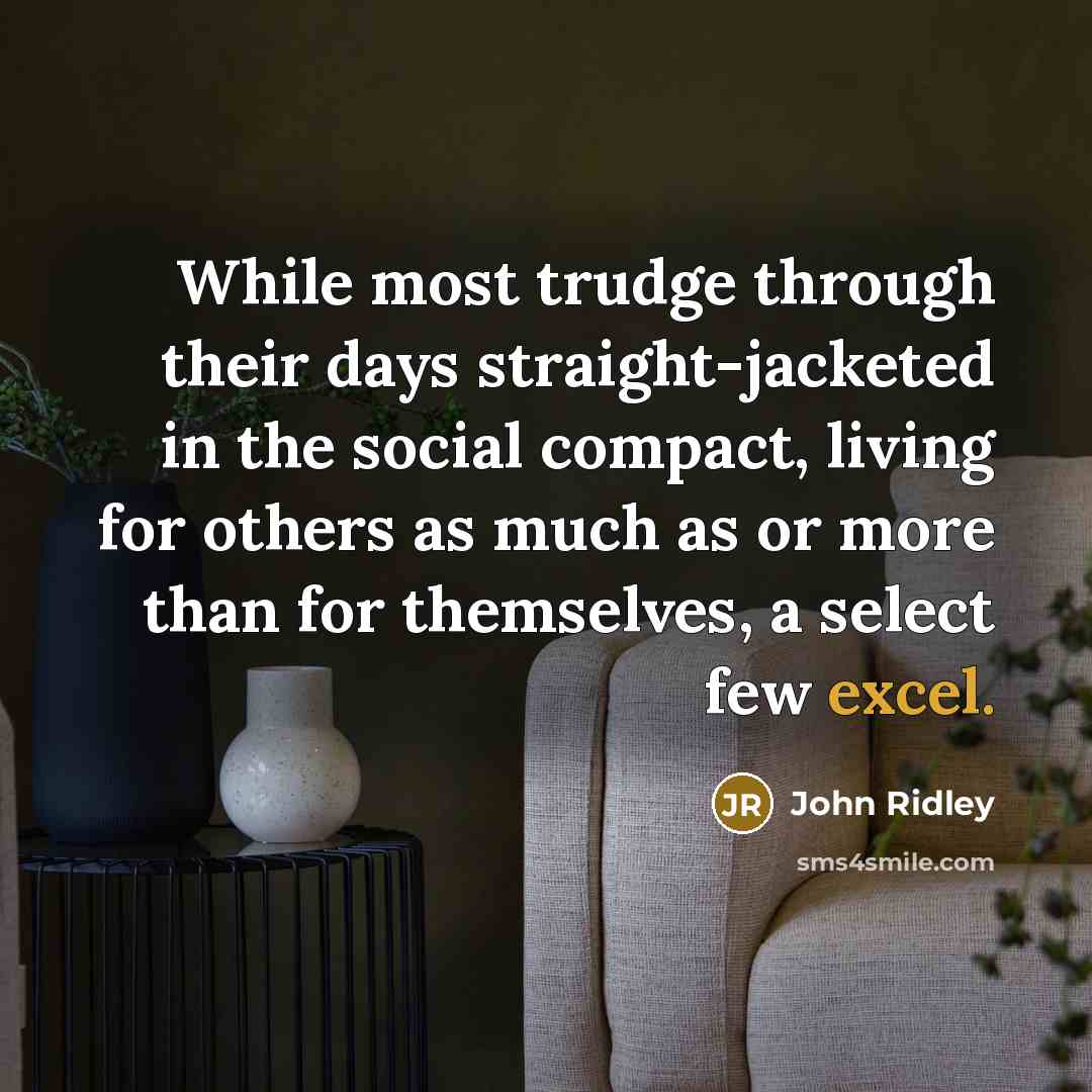 “While most trudge through their days straight-jacketed in the social compact, living for others as much as or more than for themselves, a select few excel.” quote by John Ridley