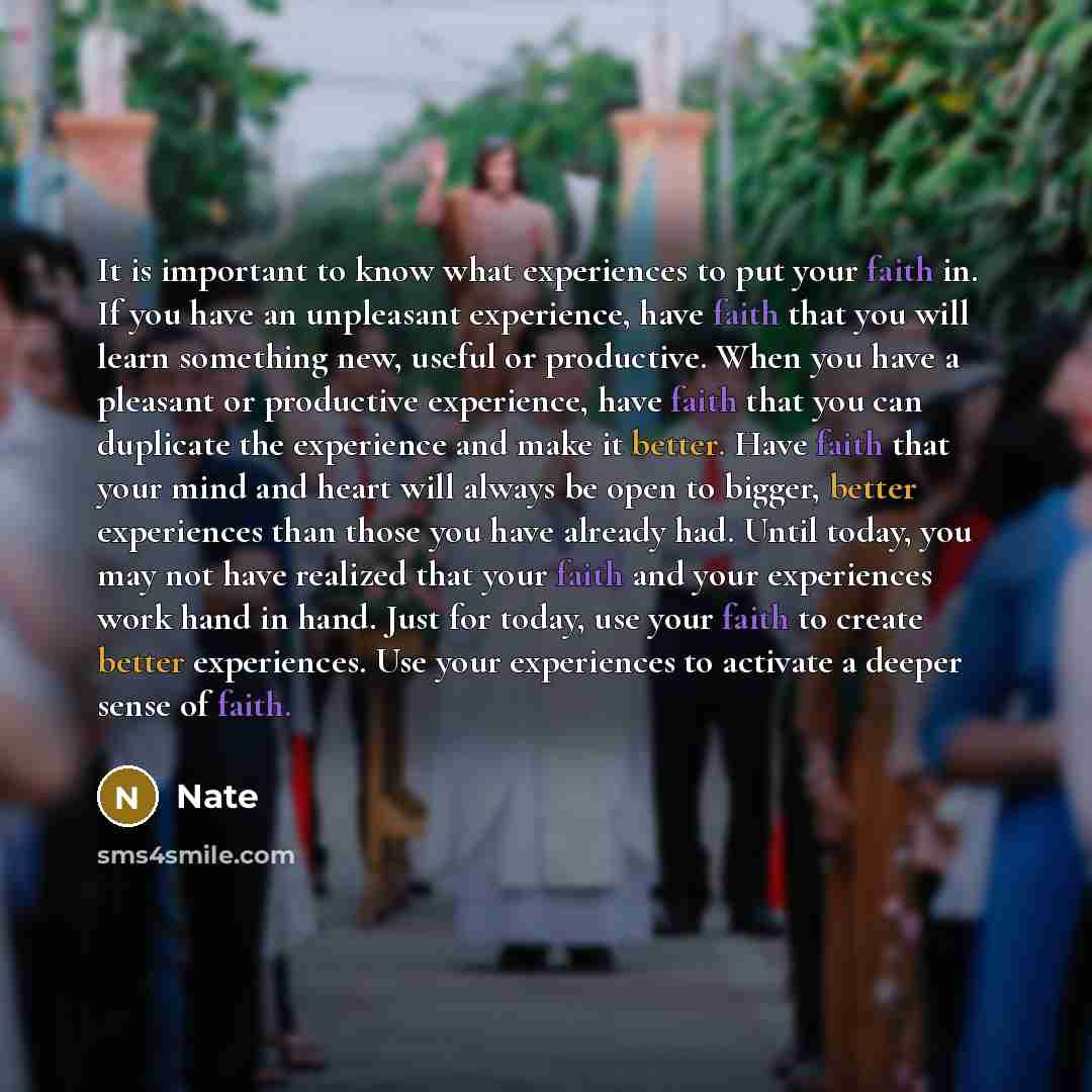 “It is important to know what experiences to put your faith in. If you have an unpleasant experience, have faith that you will learn something new, useful or productive. When you have a pleasant or productive experience, have faith that you can duplicate the experience and make it better. Have…” quote by Nate