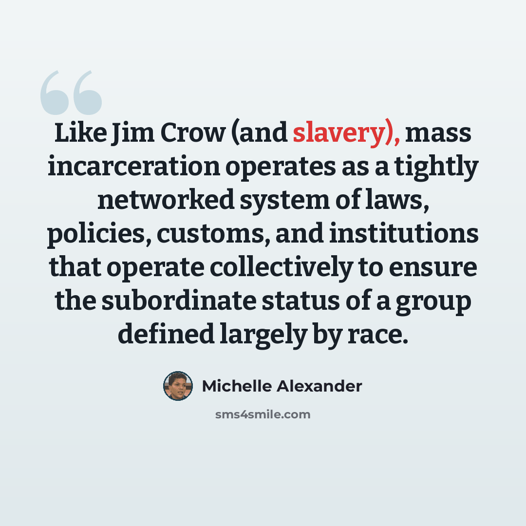 “Like Jim Crow (and slavery), mass incarceration operates as a tightly networked system of laws, policies, customs, and institutions that operate collectively to ensure the subordinate status of a group defined largely by race.” quote by Michelle Alexander