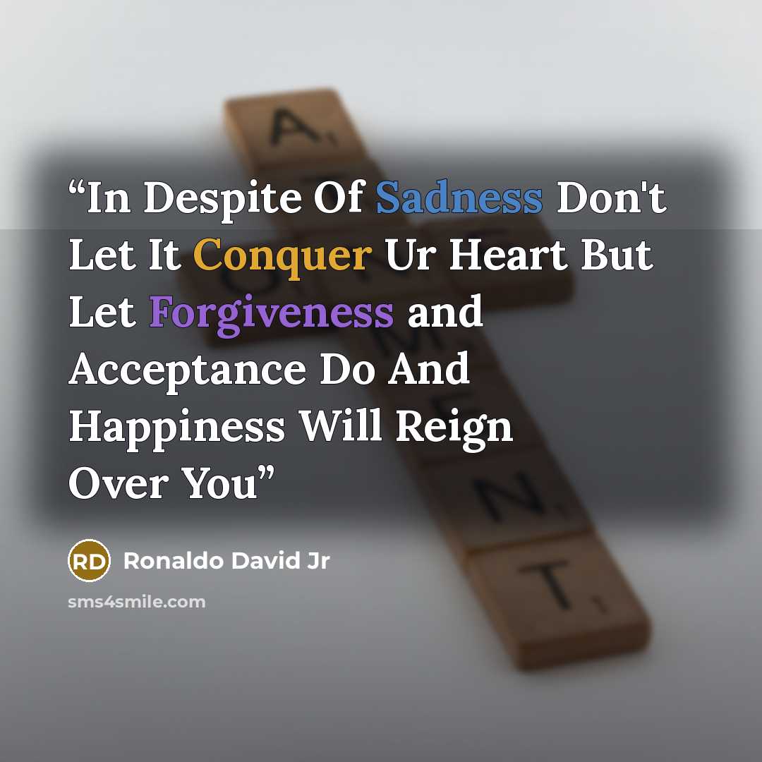 “In Despite Of Sadness Don't Let It Conquer Ur Heart But Let Forgiveness and Acceptance Do And Happiness Will Reign Over You” quote by Ronaldo David Jr