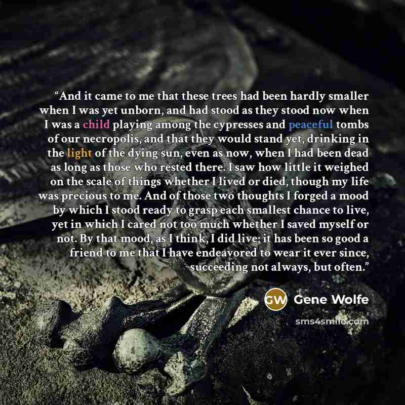 “And it came to me that these trees had been hardly smaller when I was yet unborn, and had stood as they stood now when I was a child playing among the cypresses and peaceful tombs of our necropolis, and that they would stand yet, drinking in the light of the dying sun, even as now, when I had been…” quote by Gene Wolfe