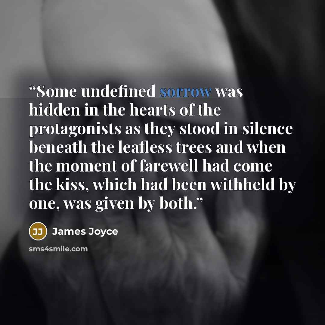 “Some undefined sorrow was hidden in the hearts of the protagonists as they stood in silence beneath the leafless trees and when the moment of farewell had come the kiss, which had been withheld by one, was given by both.” quote by James Joyce