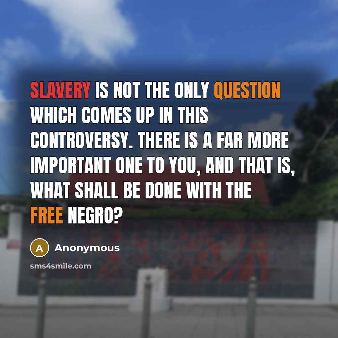 “Slavery is not the only question which comes up in this controversy. There is a far more important one to you, and that is, what shall be done with the free negro?” quote by Anonymous