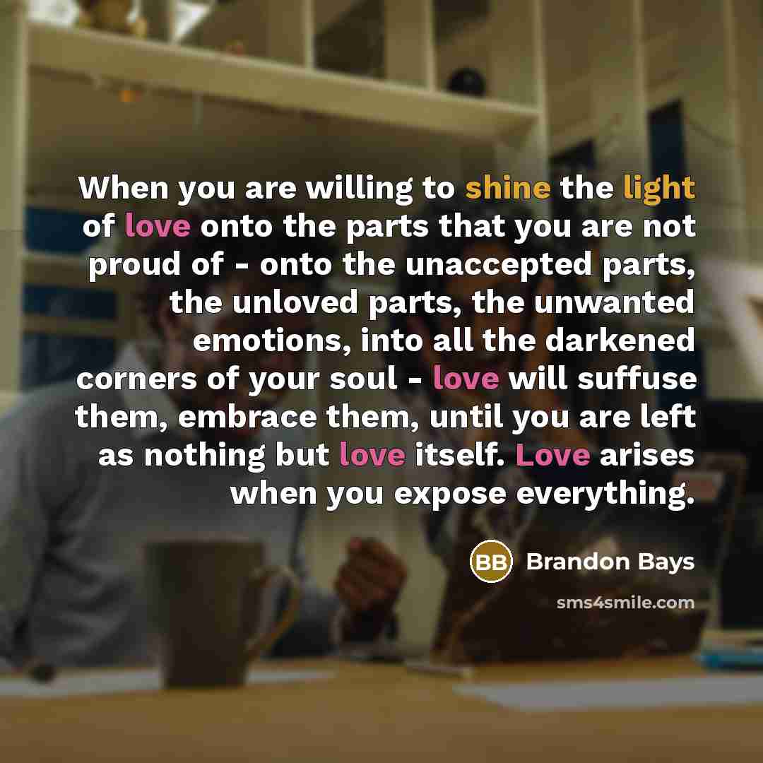 “When you are willing to shine the light of love onto the parts that you are not proud of - onto the unaccepted parts, the unloved parts, the unwanted emotions, into all the darkened corners of your soul - love will suffuse them, embrace them, until you are left as nothing but love itself. Love…” quote by Brandon Bays