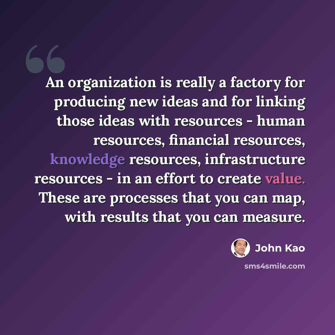 “An organization is really a factory for producing new ideas and for linking those ideas with resources - human resources, financial resources, knowledge resources, infrastructure resources - in an effort to create value. These are processes that you can map, with results that you can measure.” quote by John Kao