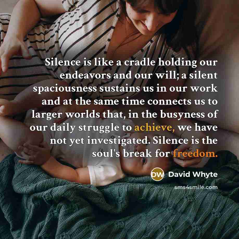 “Silence is like a cradle holding our endeavors and our will; a silent spaciousness sustains us in our work and at the same time connects us to larger worlds that, in the busyness of our daily struggle to achieve, we have not yet investigated. Silence is the soul's break for freedom.” quote by David Whyte
