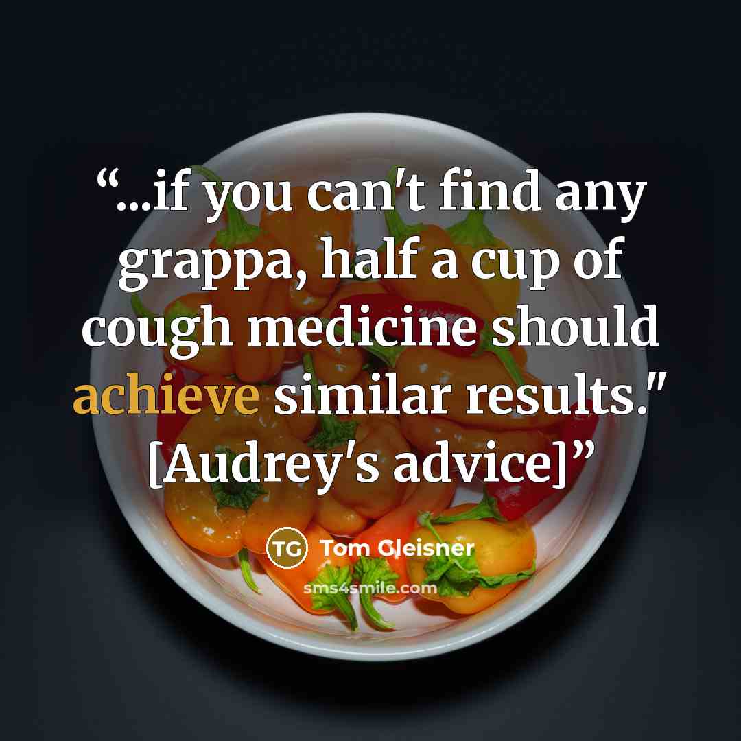 “...if you can't find any grappa, half a cup of cough medicine should achieve similar results." [Audrey's advice]” quote by Tom Gleisner