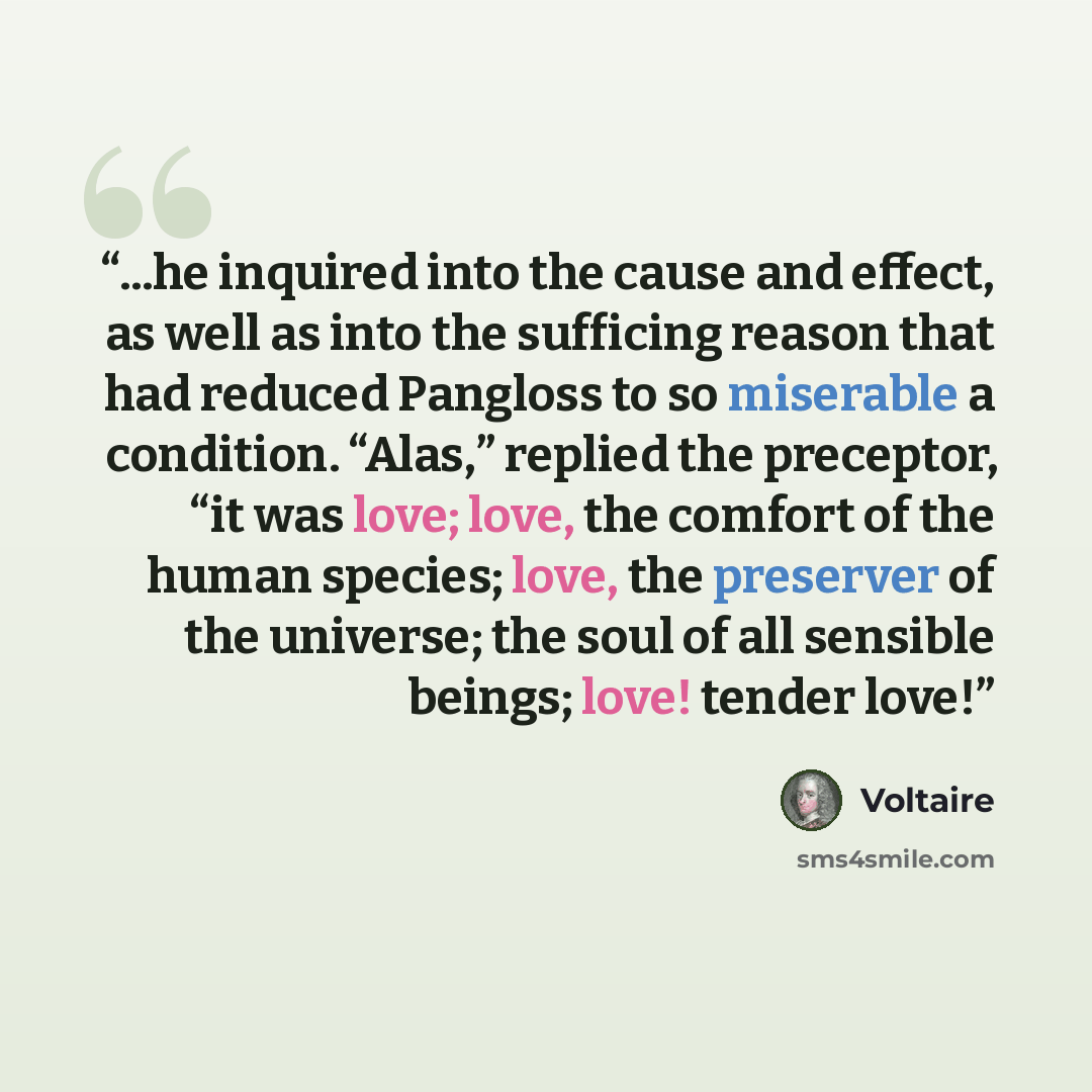 “...he inquired into the cause and effect, as well as into the sufficing reason that had reduced Pangloss to so miserable a condition. “Alas,” replied the preceptor, “it was love; love, the comfort of the human species; love, the preserver of the universe; the soul of all sensible beings; love!…” quote by Voltaire