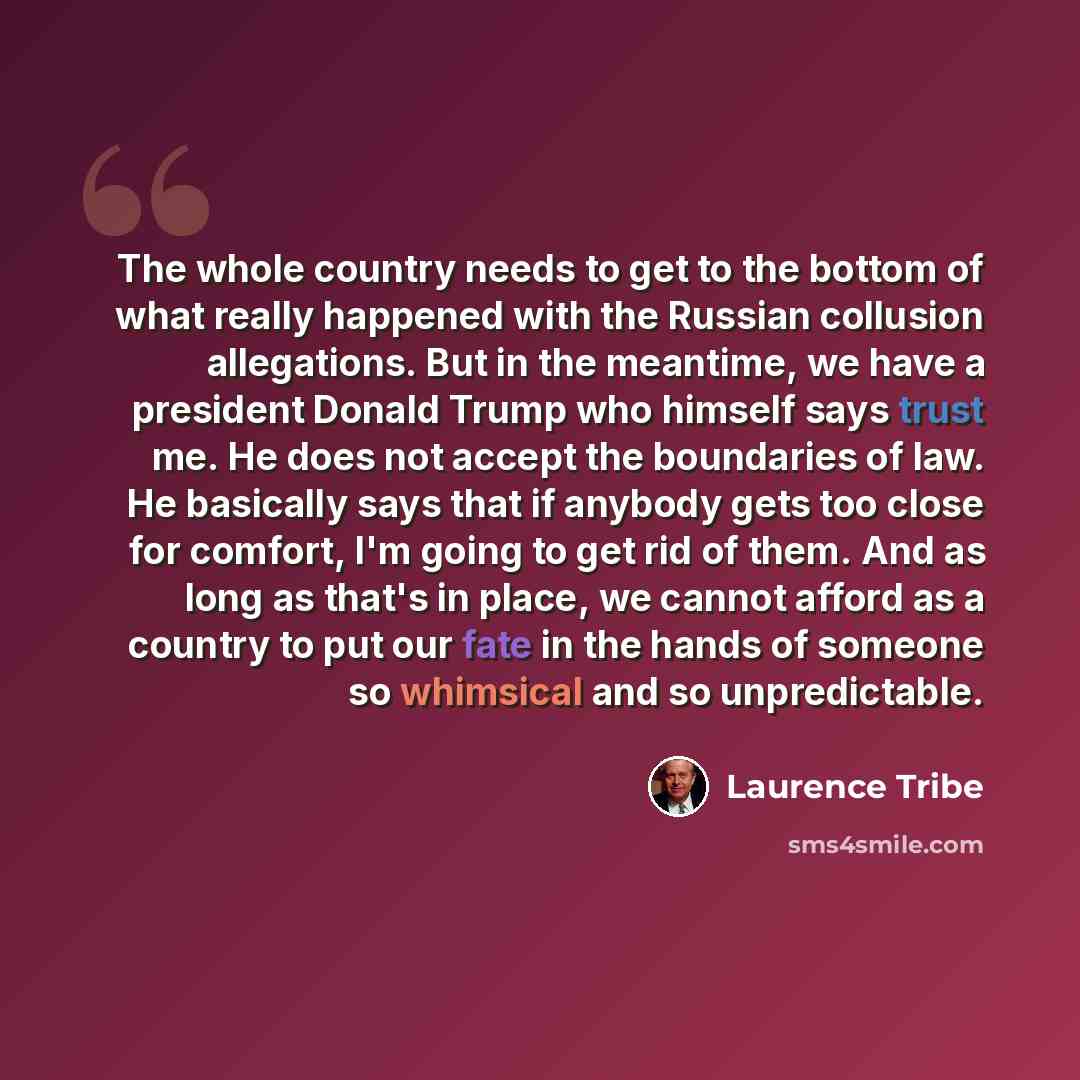 “The whole country needs to get to the bottom of what really happened with the Russian collusion allegations. But in the meantime, we have a president Donald Trump who himself says trust me. He does not accept the boundaries of law. He basically says that if anybody gets too close for comfort, I'm…” quote by Laurence Tribe