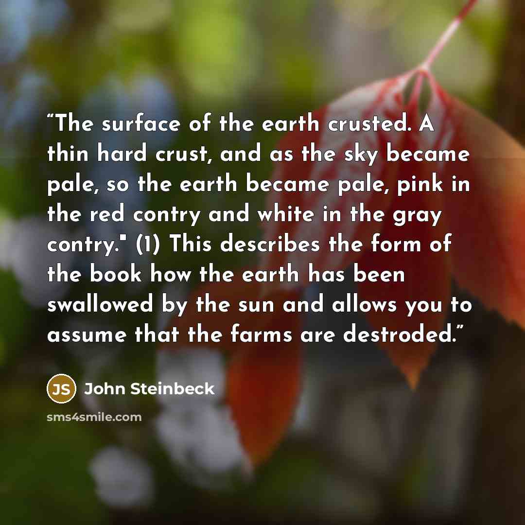 “The surface of the earth crusted. A thin hard crust, and as the sky became pale, so the earth became pale, pink in the red contry and white in the gray contry." (1) This describes the form of the book how the earth has been swallowed by the sun and allows you to assume that the farms are destroded.” quote by John Steinbeck