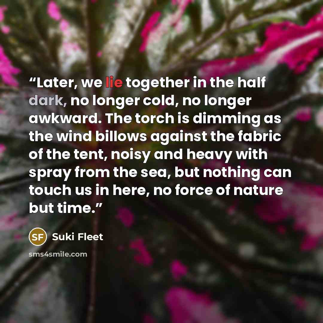 “Later, we lie together in the half dark, no longer cold, no longer awkward. The torch is dimming as the wind billows against the fabric of the tent, noisy and heavy with spray from the sea, but nothing can touch us in here, no force of nature but time.” quote by Suki Fleet