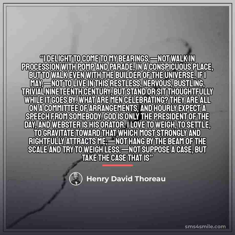 “I delight to come to my bearings,—not walk in procession with pomp and parade, in a conspicuous place, but to walk even with the Builder of the universe, if I may,—not to live in this restless, nervous, bustling, trivial Nineteenth Century, but stand or sit thoughtfully while it goes by. What are…” quote by Henry David Thoreau