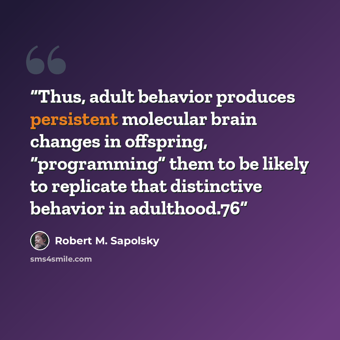 “Thus, adult behavior produces persistent molecular brain changes in offspring, “programming” them to be likely to replicate that distinctive behavior in adulthood.76” quote by Robert M. Sapolsky