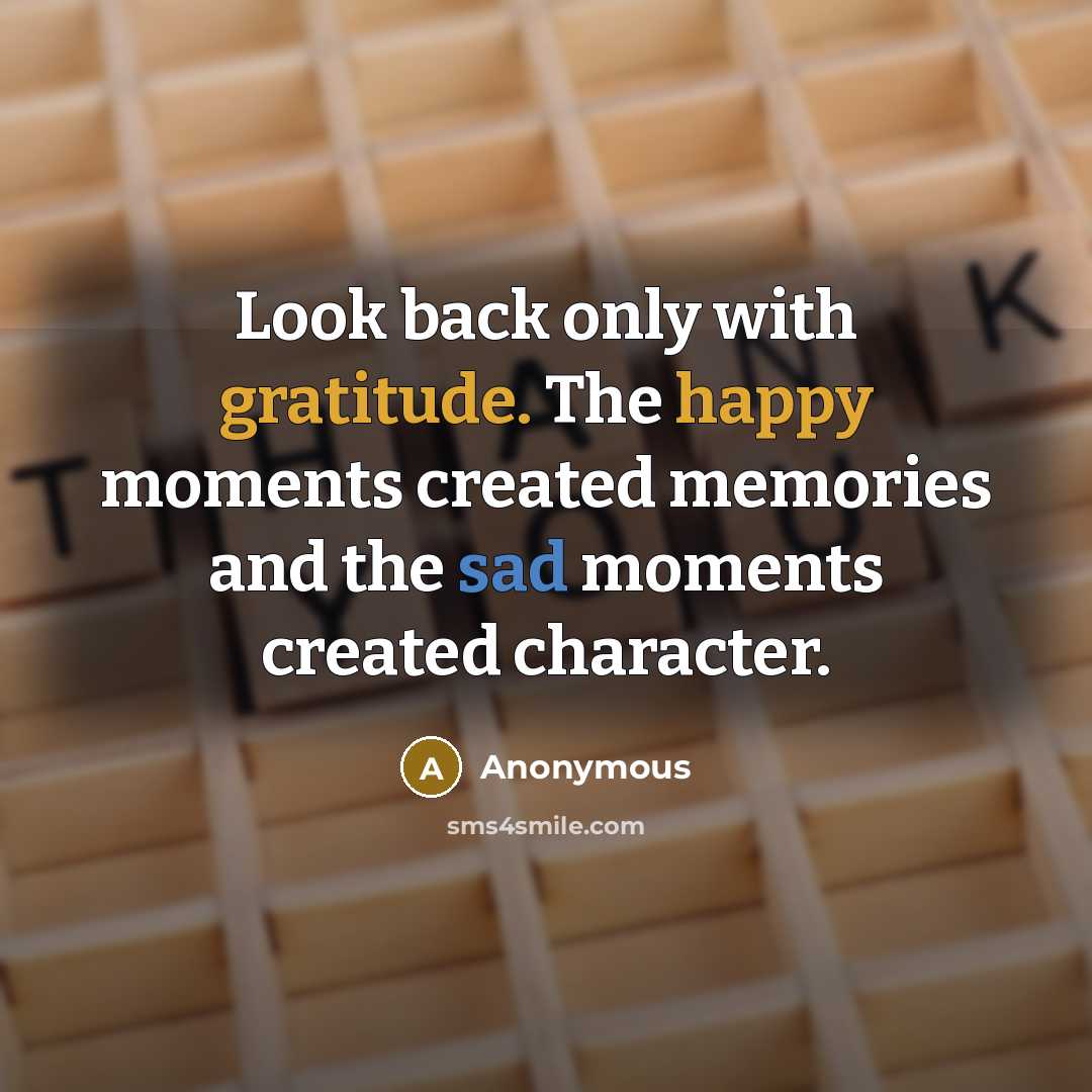 “Look back only with gratitude. The happy moments created memories and the sad moments created character.” quote by Anonymous