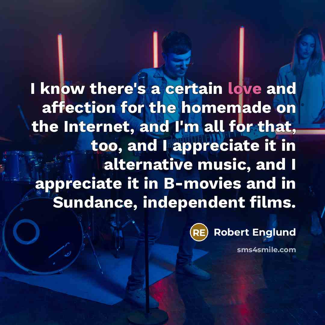 “I know there's a certain love and affection for the homemade on the Internet, and I'm all for that, too, and I appreciate it in alternative music, and I appreciate it in B-movies and in Sundance, independent films.” quote by Robert Englund