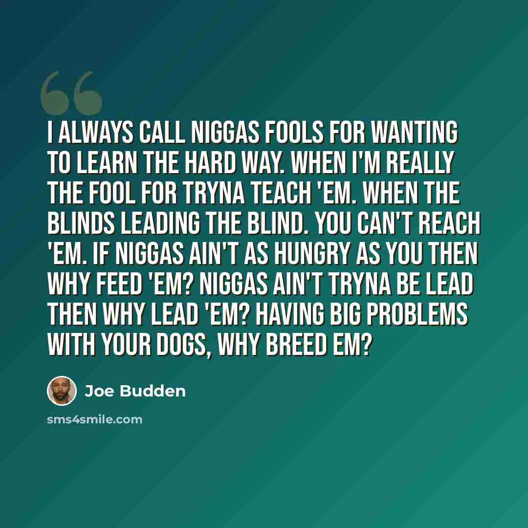 “I always call niggas fools for wanting to learn the hard way. When I'm really the fool for tryna teach 'em. When the blinds leading the blind. You can't reach 'em. If niggas ain't as hungry as you then why feed 'em? Niggas ain't tryna be lead then why lead 'em? Having big problems with your dogs…” quote by Joe Budden