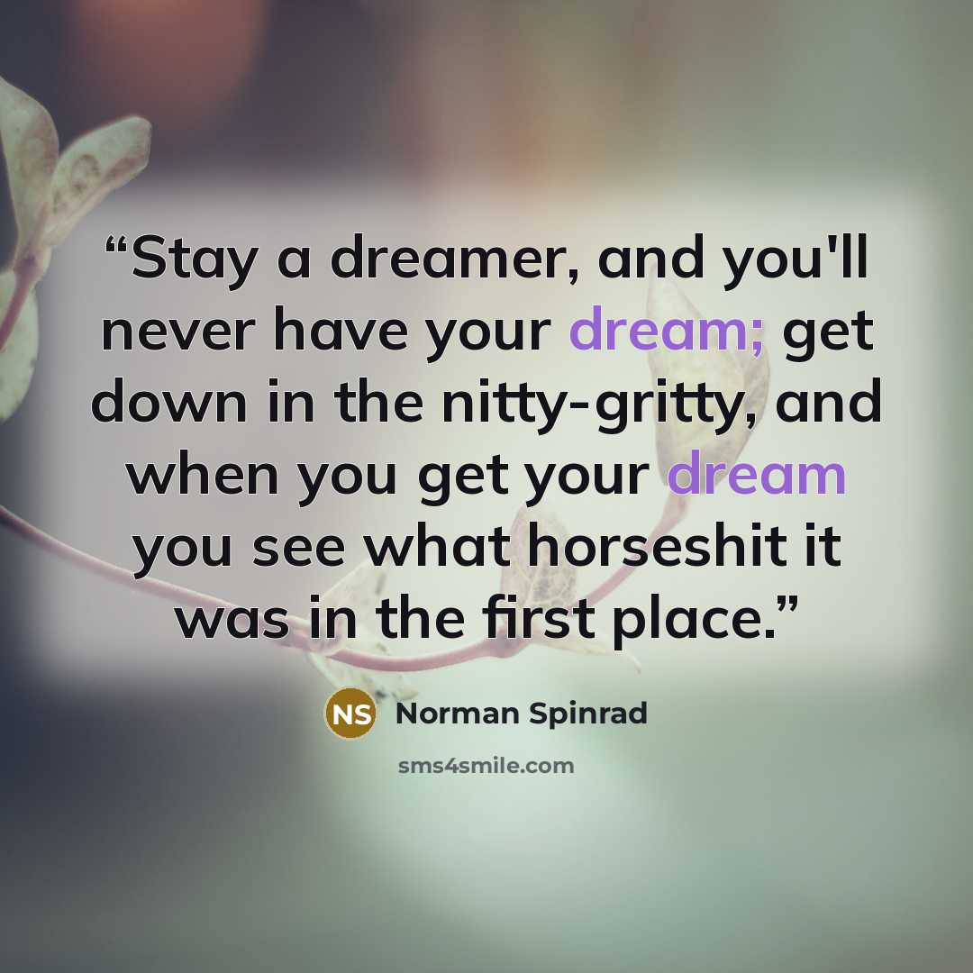 “Stay a dreamer, and you'll never have your dream; get down in the nitty-gritty, and when you get your dream you see what horseshit it was in the first place.” quote by Norman Spinrad