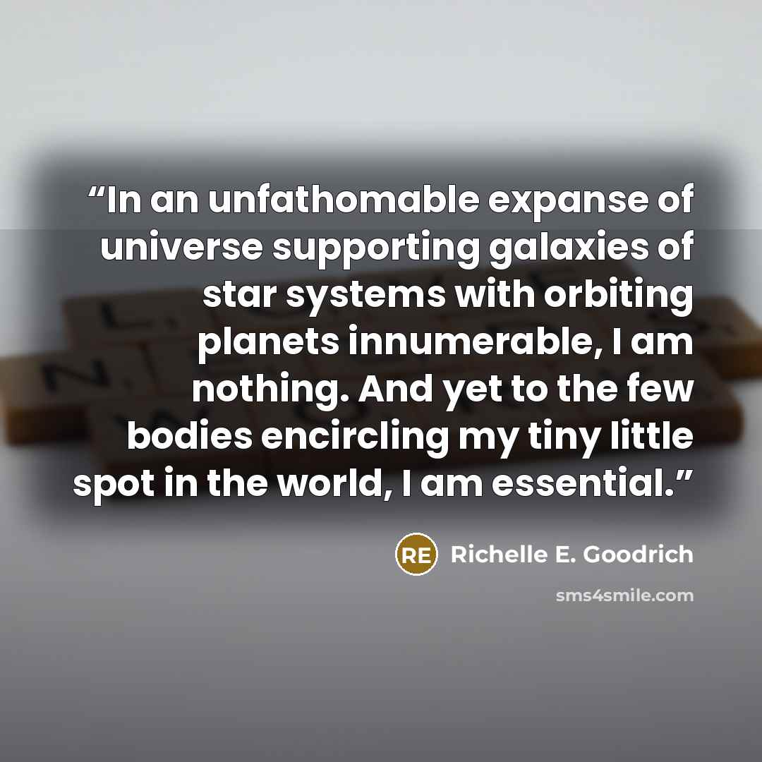 “In an unfathomable expanse of universe supporting galaxies of star systems with orbiting planets innumerable, I am nothing. And yet to the few bodies encircling my tiny little spot in the world, I am essential.” quote by Richelle E. Goodrich