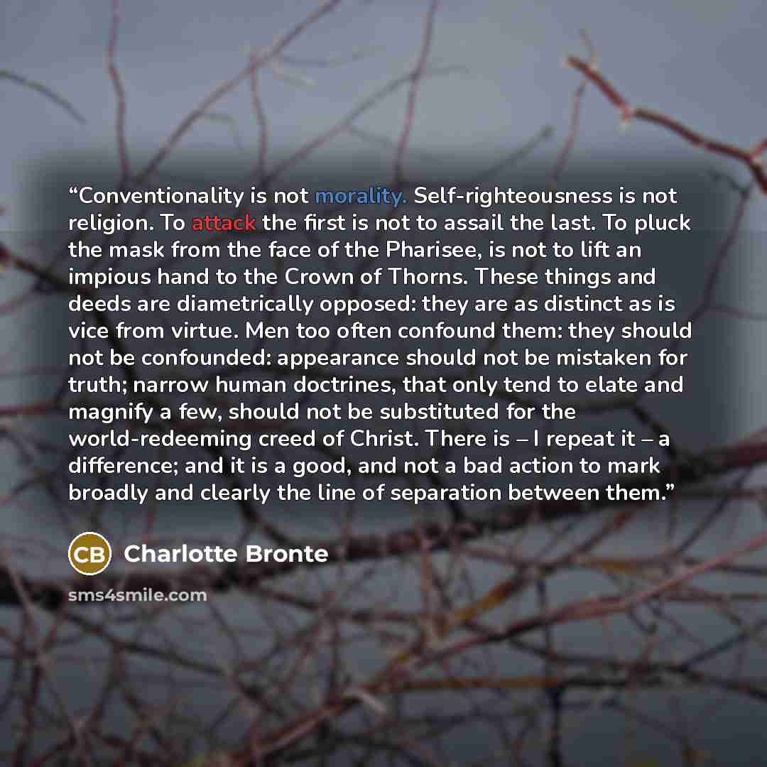 “Conventionality is not morality. Self-righteousness is not religion. To attack the first is not to assail the last. To pluck the mask from the face of the Pharisee, is not to lift an impious hand to the Crown of Thorns. These things and deeds are diametrically opposed: they are as distinct as is…” quote by Charlotte Brontë