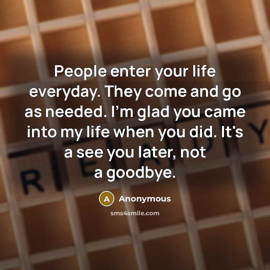“People enter your life everyday. They come and go as needed. I'm glad you came into my life when you did. It's a see you later, not a goodbye.” quote by Anonymous