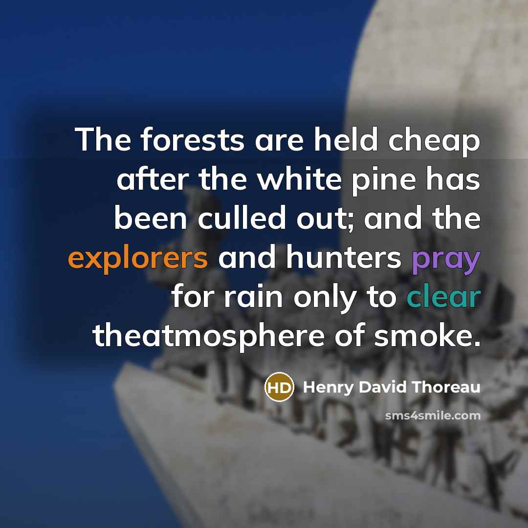 “The forests are held cheap after the white pine has been culled out; and the explorers and hunters pray for rain only to clear theatmosphere of smoke.” quote by Henry David Thoreau
