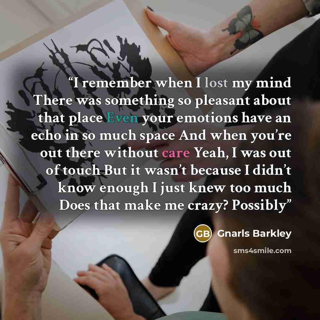 “I remember when I lost my mind There was something so pleasant about that place Even your emotions have an echo in so much space And when you’re out there without care Yeah, I was out of touch But it wasn’t because I didn’t know enough I just knew too much Does that make me crazy? Possibly” quote by Gnarls Barkley
