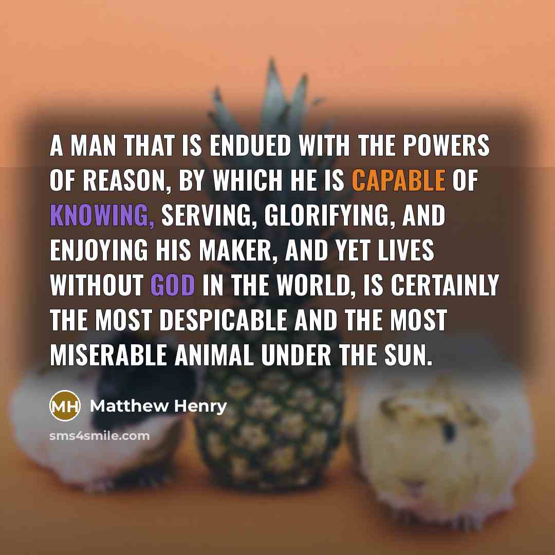“A man that is endued with the powers of reason, by which he is capable of knowing, serving, glorifying, and enjoying his Maker, and yet lives without God in the world, is certainly the most despicable and the most miserable animal under the sun.” quote by Matthew Henry