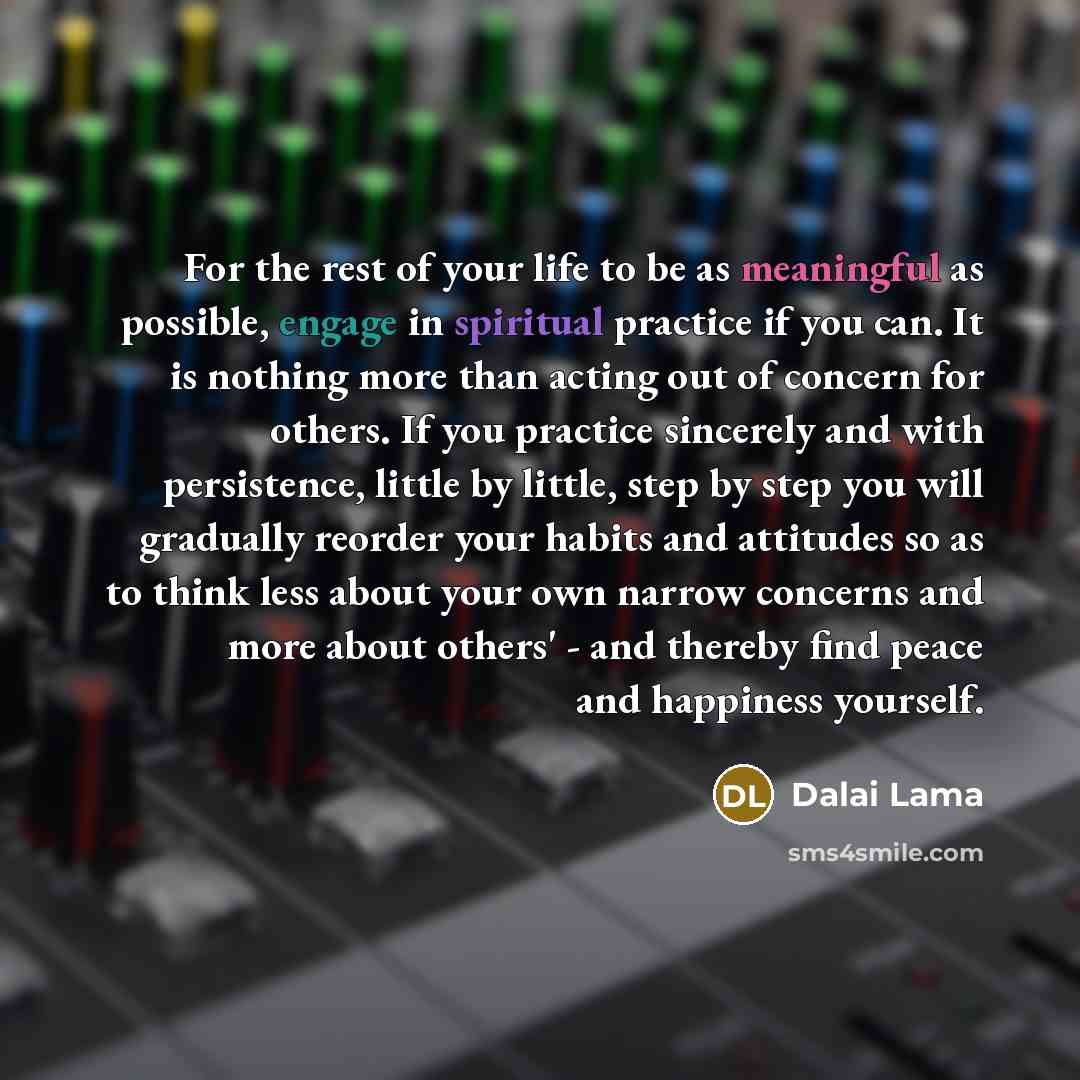 “For the rest of your life to be as meaningful as possible, engage in spiritual practice if you can. It is nothing more than acting out of concern for others. If you practice sincerely and with persistence, little by little, step by step you will gradually reorder your habits and attitudes so as to…” quote by Dalai Lama