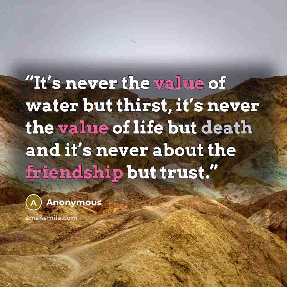“It’s never the value of water but thirst, it’s never the value of life but death and it’s never about the friendship but trust.” quote by Anonymous