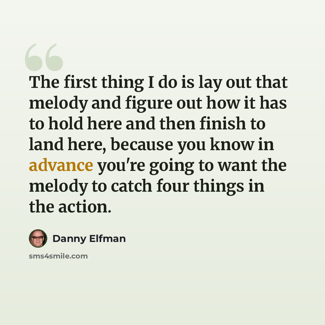 “The first thing I do is lay out that melody and figure out how it has to hold here and then finish to land here, because you know in advance you're going to want the melody to catch four things in the action.” quote by Danny Elfman