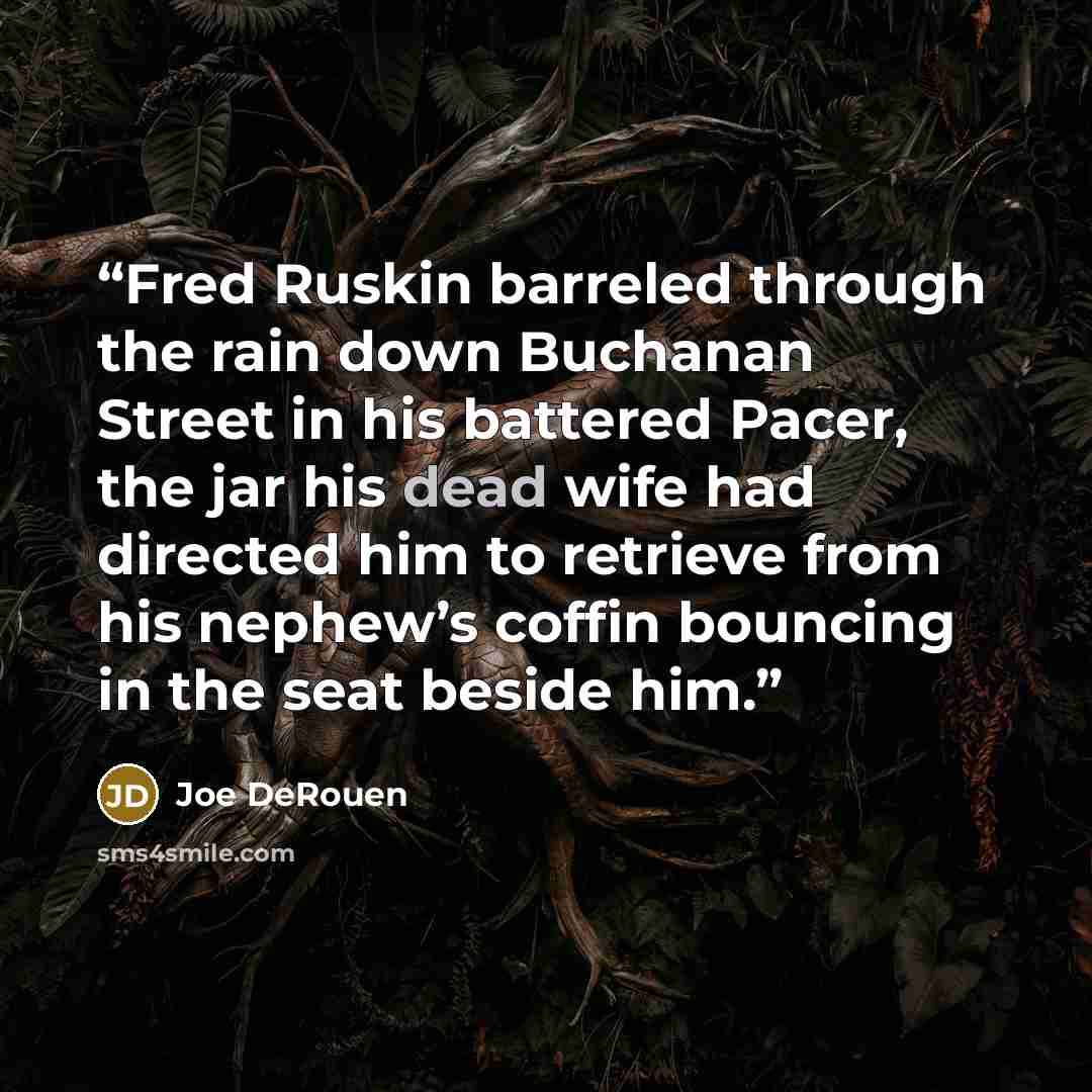 “Fred Ruskin barreled through the rain down Buchanan Street in his battered Pacer, the jar his dead wife had directed him to retrieve from his nephew’s coffin bouncing in the seat beside him.” quote by Joe DeRouen
