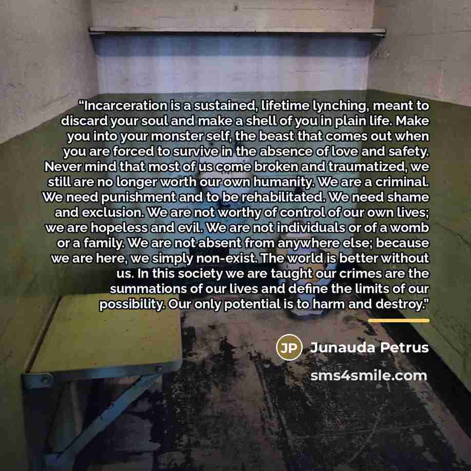 “Incarceration is a sustained, lifetime lynching, meant to discard your soul and make a shell of you in plain life. Make you into your monster self, the beast that comes out when you are forced to survive in the absence of love and safety. Never mind that most of us come broken and traumatized, we…” quote by Junauda Petrus