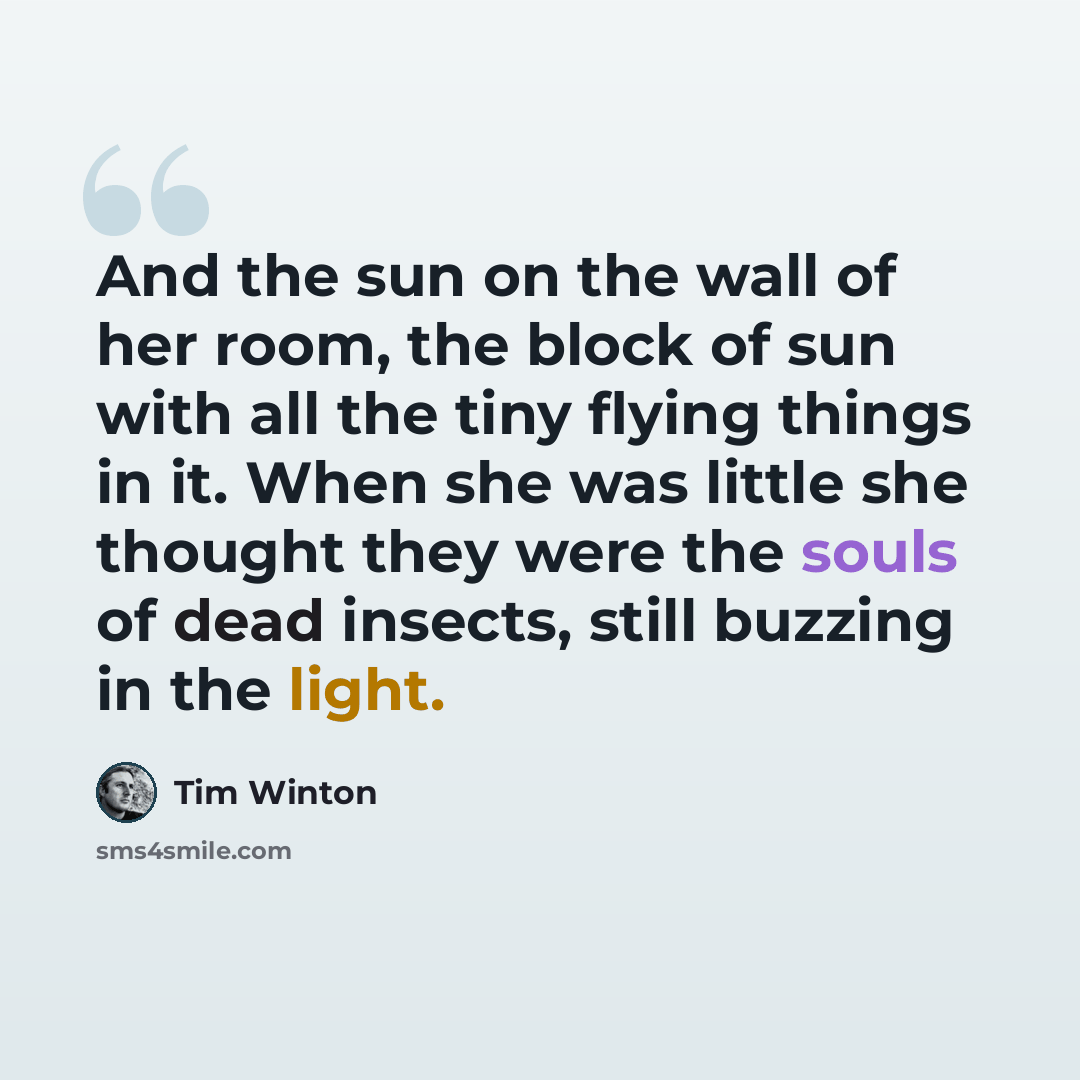 “And the sun on the wall of her room, the block of sun with all the tiny flying things in it. When she was little she thought they were the souls of dead insects, still buzzing in the light.” quote by Tim Winton