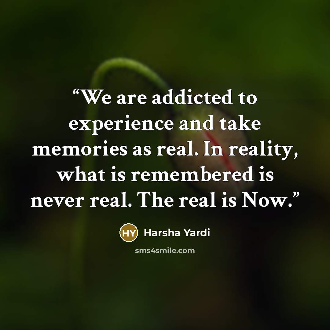 “We are addicted to experience and take memories as real. In reality, what is remembered is never real. The real is Now.” quote by Harsha Yardi