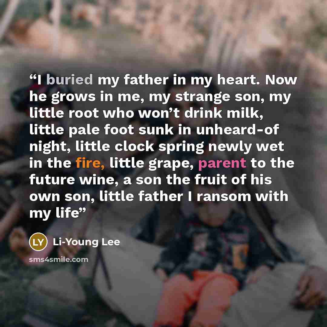 “I buried my father in my heart. Now he grows in me, my strange son, my little root who won’t drink milk, little pale foot sunk in unheard-of night, little clock spring newly wet in the fire, little grape, parent to the future wine, a son the fruit of his own son, little father I ransom with my life” quote by Li-Young Lee