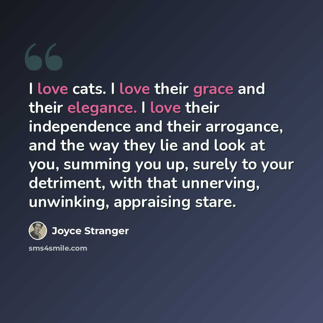 “I love cats. I love their grace and their elegance. I love their independence and their arrogance, and the way they lie and look at you, summing you up, surely to your detriment, with that unnerving, unwinking, appraising stare.” quote by Joyce Stranger
