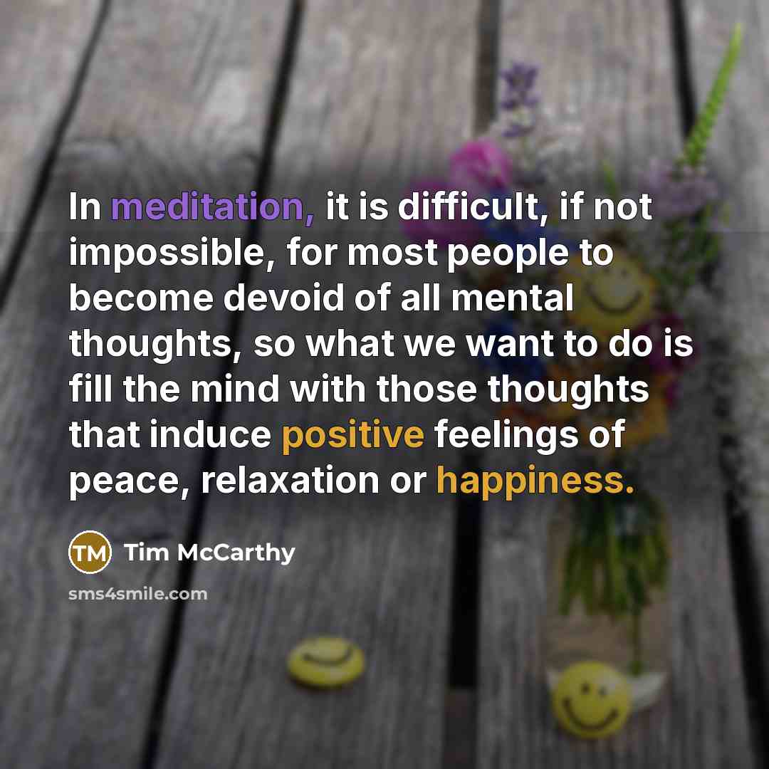 “In meditation, it is difficult, if not impossible, for most people to become devoid of all mental thoughts, so what we want to do is fill the mind with those thoughts that induce positive feelings of peace, relaxation or happiness.” quote by Tim McCarthy
