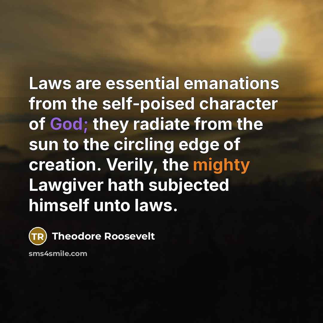 “Laws are essential emanations from the self-poised character of God; they radiate from the sun to the circling edge of creation. Verily, the mighty Lawgiver hath subjected himself unto laws.” quote by Theodore Roosevelt