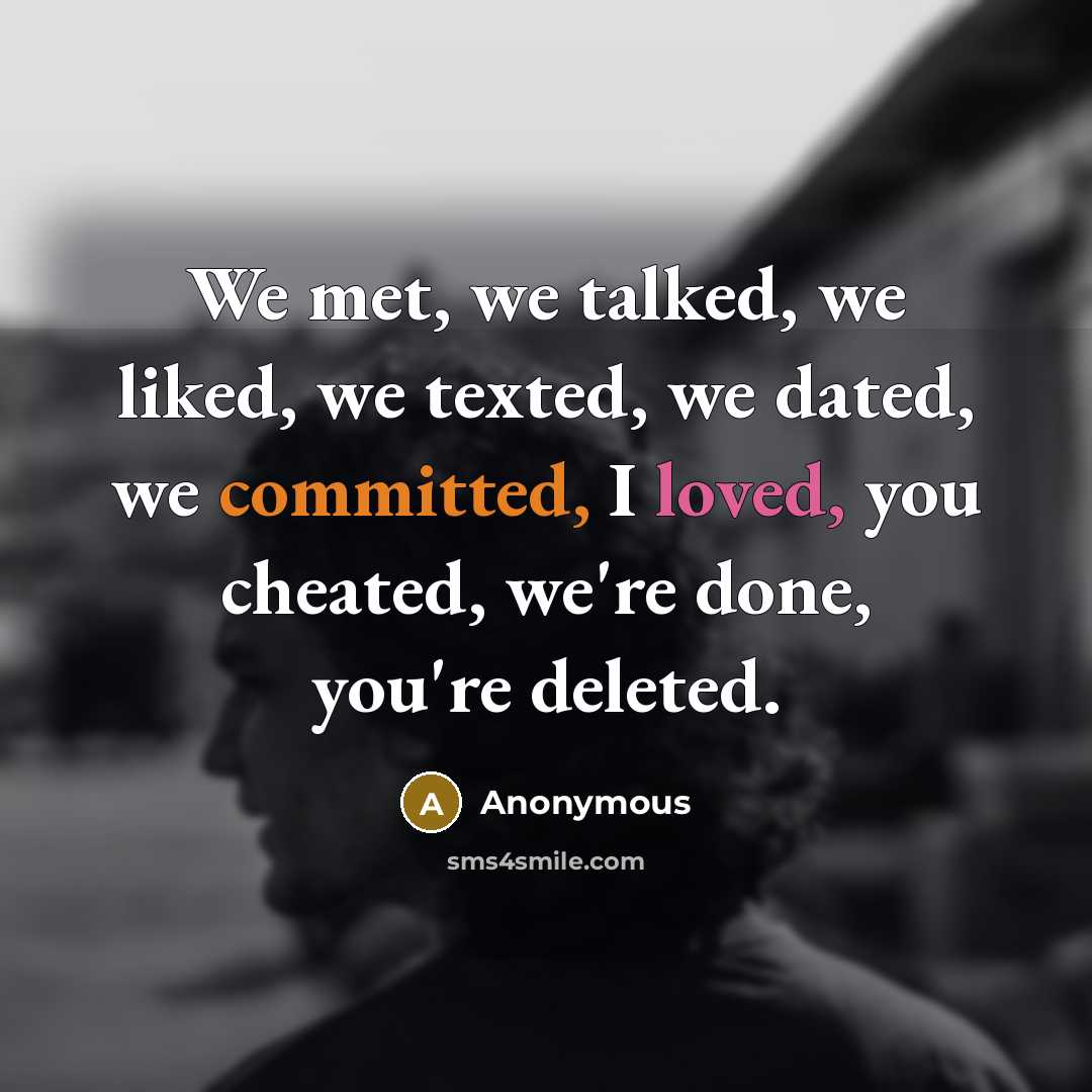 “We met, we talked, we liked, we texted, we dated, we committed, I loved, you cheated, we're done, you're deleted.” quote by Anonymous
