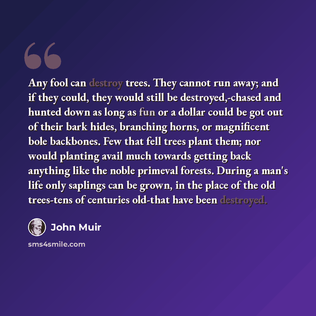 “Any fool can destroy trees. They cannot run away; and if they could, they would still be destroyed,-chased and hunted down as long as fun or a dollar could be got out of their bark hides, branching horns, or magnificent bole backbones. Few that fell trees plant them; nor would planting avail much…” quote by John Muir