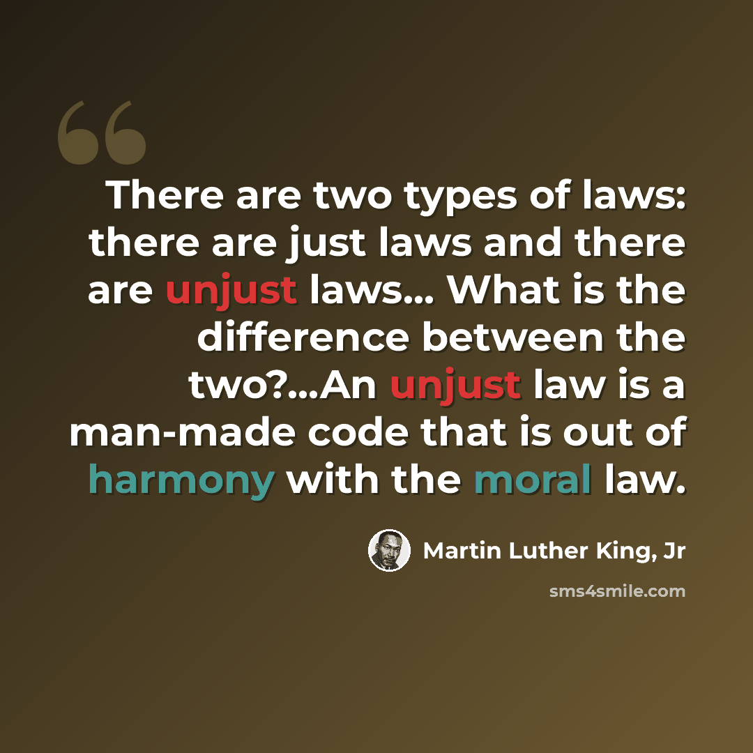 “There are two types of laws: there are just laws and there are unjust laws... What is the difference between the two?...An unjust law is a man-made code that is out of harmony with the moral law.” quote by Martin Luther King, Jr