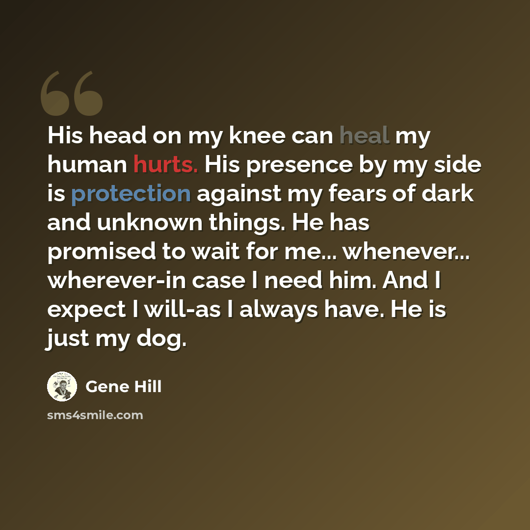 “His head on my knee can heal my human hurts. His presence by my side is protection against my fears of dark and unknown things. He has promised to wait for me... whenever... wherever-in case I need him. And I expect I will-as I always have. He is just my dog.” quote by Gene Hill