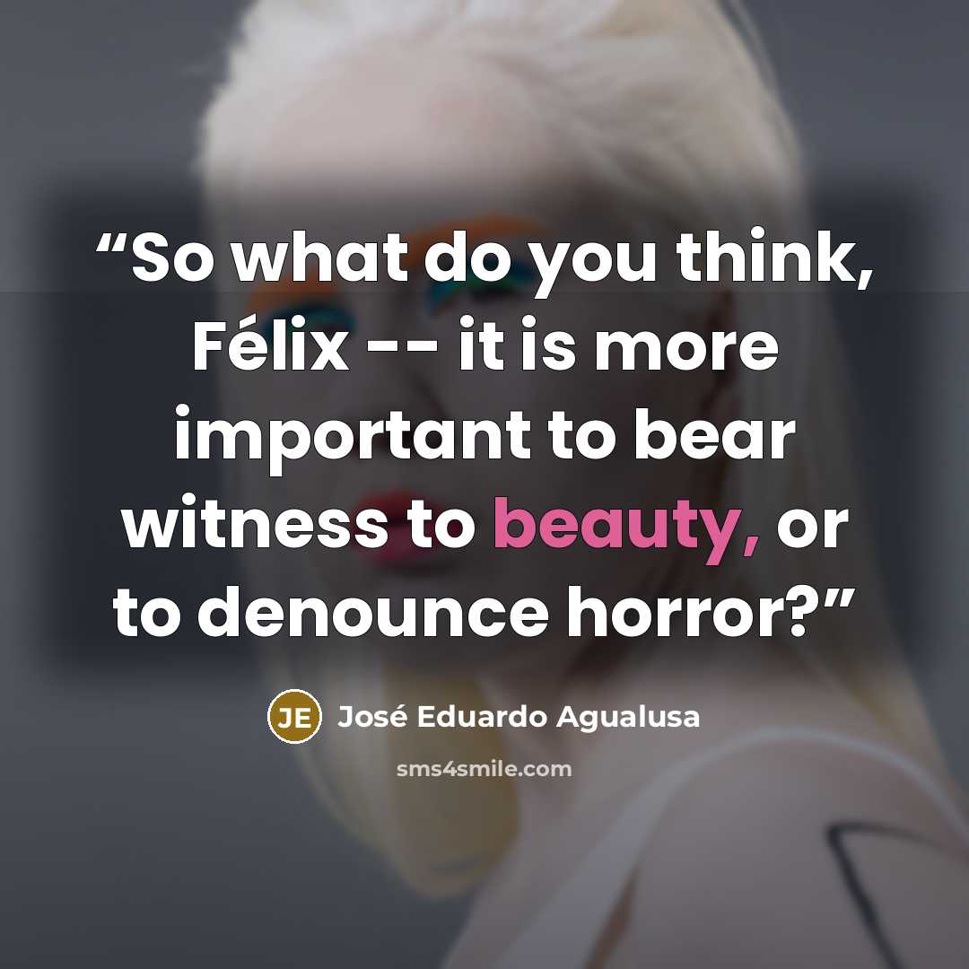 “So what do you think, Félix -- it is more important to bear witness to beauty, or to denounce horror?” quote by José Eduardo Agualusa