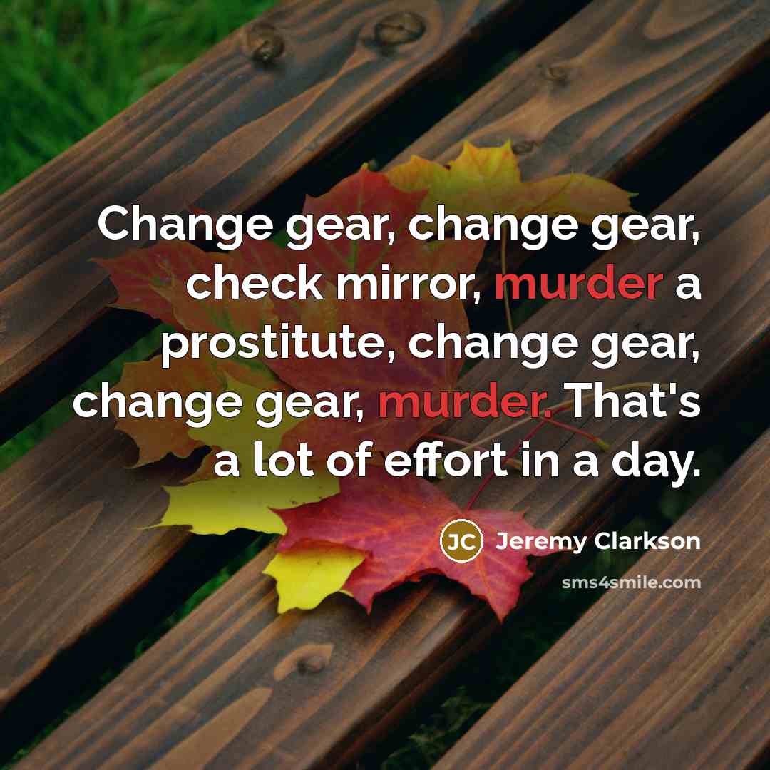 “Change gear, change gear, check mirror, murder a prostitute, change gear, change gear, murder. That's a lot of effort in a day.” quote by Jeremy Clarkson