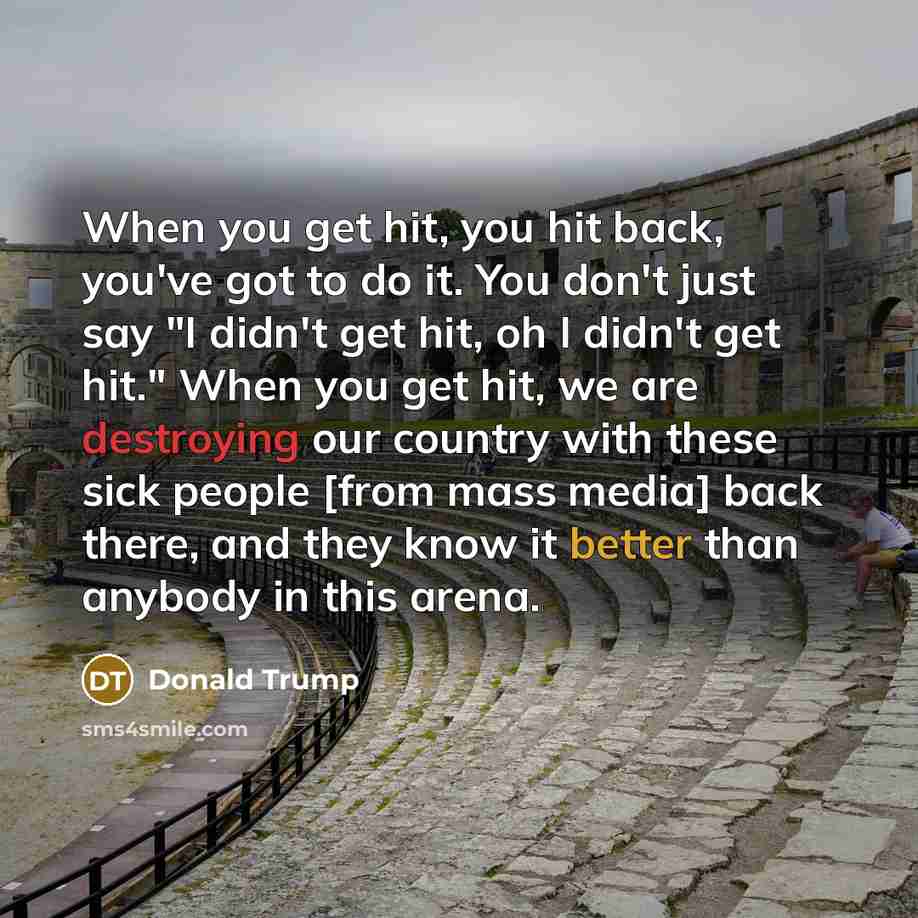 “When you get hit, you hit back, you've got to do it. You don't just say "I didn't get hit, oh I didn't get hit." When you get hit, we are destroying our country with these sick people [from mass media] back there, and they know it better than anybody in this arena.” quote by Donald Trump